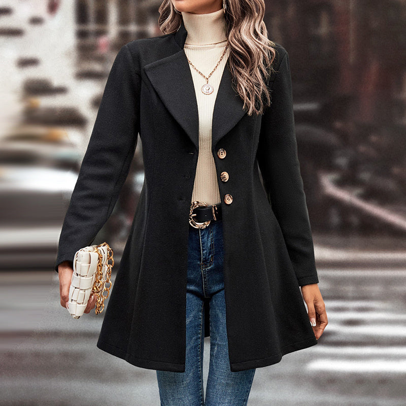 Women’s Winter Overcoat — Lapel Collar, Single-Breasted, Long Pea Coat