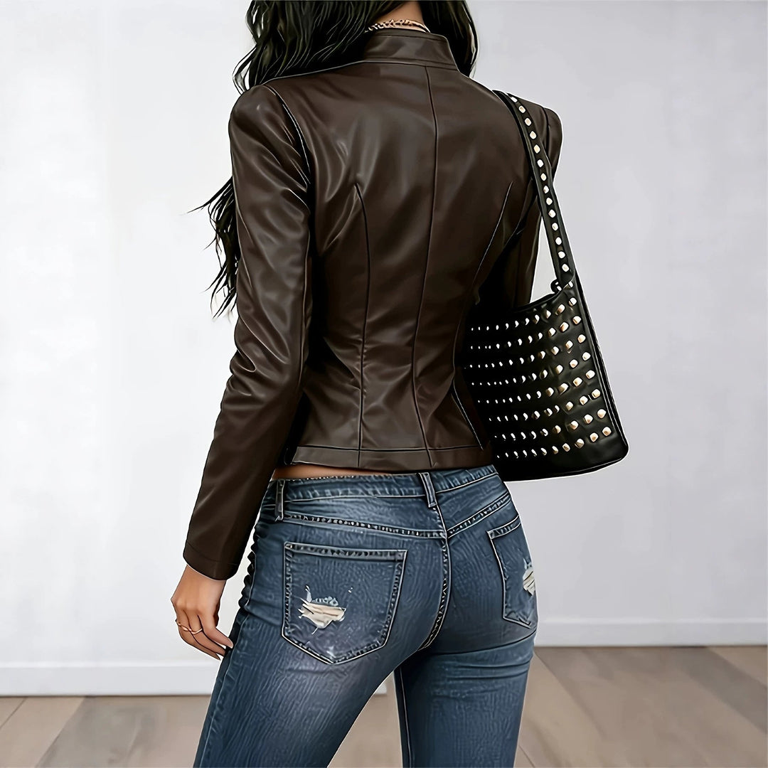 Women's Slim-Fit Stand-Collar Faux-Leather Short Jacket