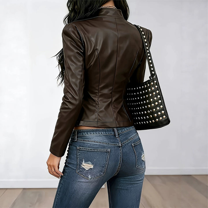 Women's Slim-Fit Stand-Collar Faux-Leather Short Jacket