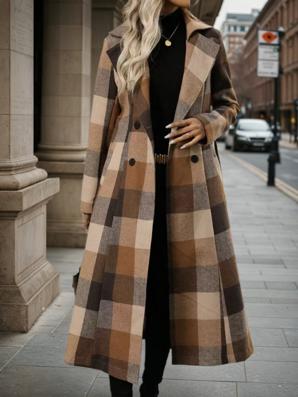 Women’s Lapel Woolen Double-Breasted Coat – Lace-Up Long Windbreaker