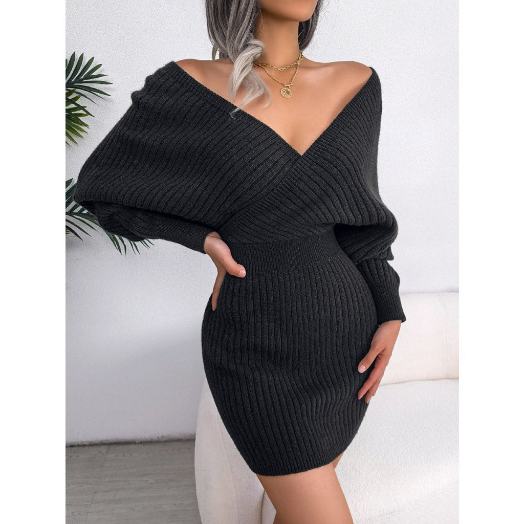 Cross V-Neck Bat-Sleeve Hairy Dress – Autumn/Winter