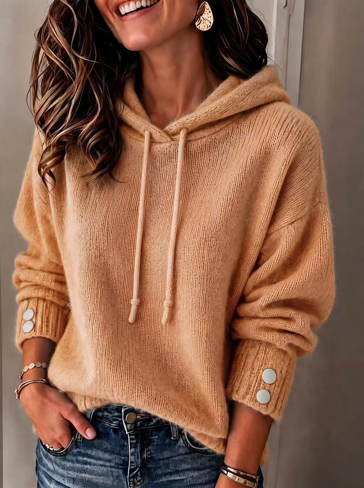 Women's Loose-Fit Drawstring Knit Hoodie with Button Cuffs