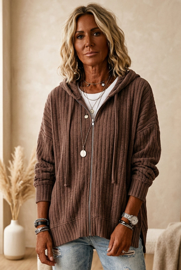 Women's Textured Zip-Front Drawstring Hoodie