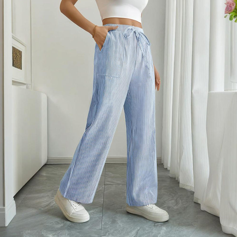 Women's Striped Print Straight Wide Leg Pockets Pants Casual Long Pants