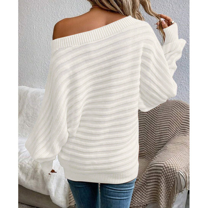 Off-Shoulder Batwing Sweater – Loose Knit Pull-Over for Fall
