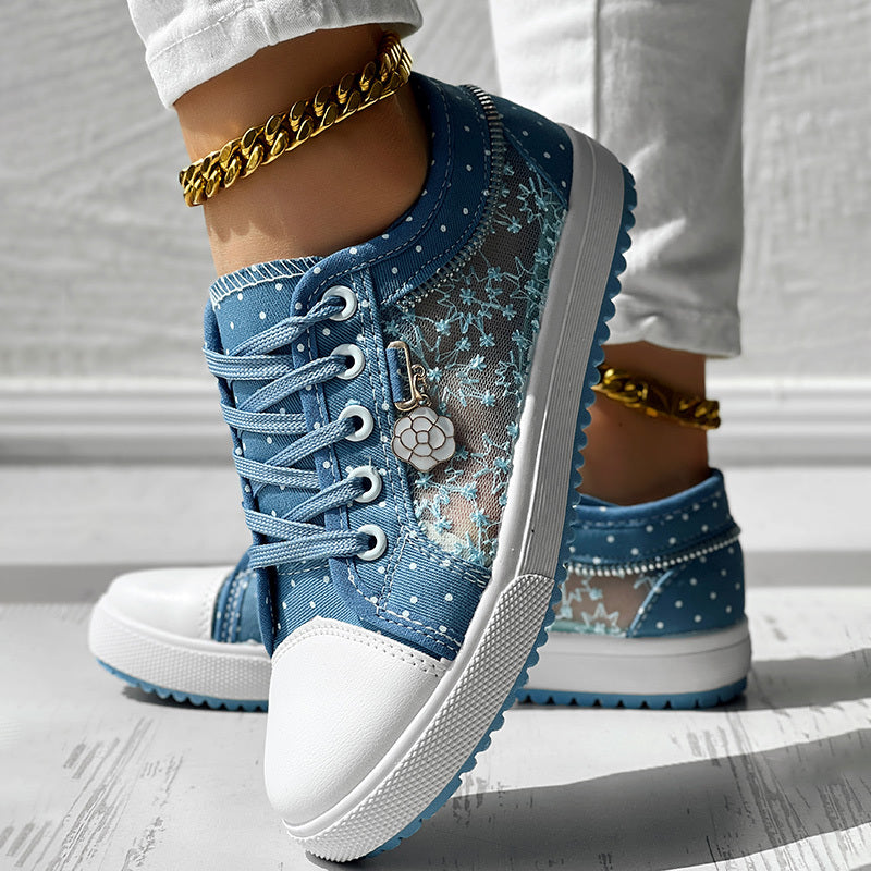 Floral Embroidered Polka Dot Print Sneakers — Women’s Casual Canvas Shoes