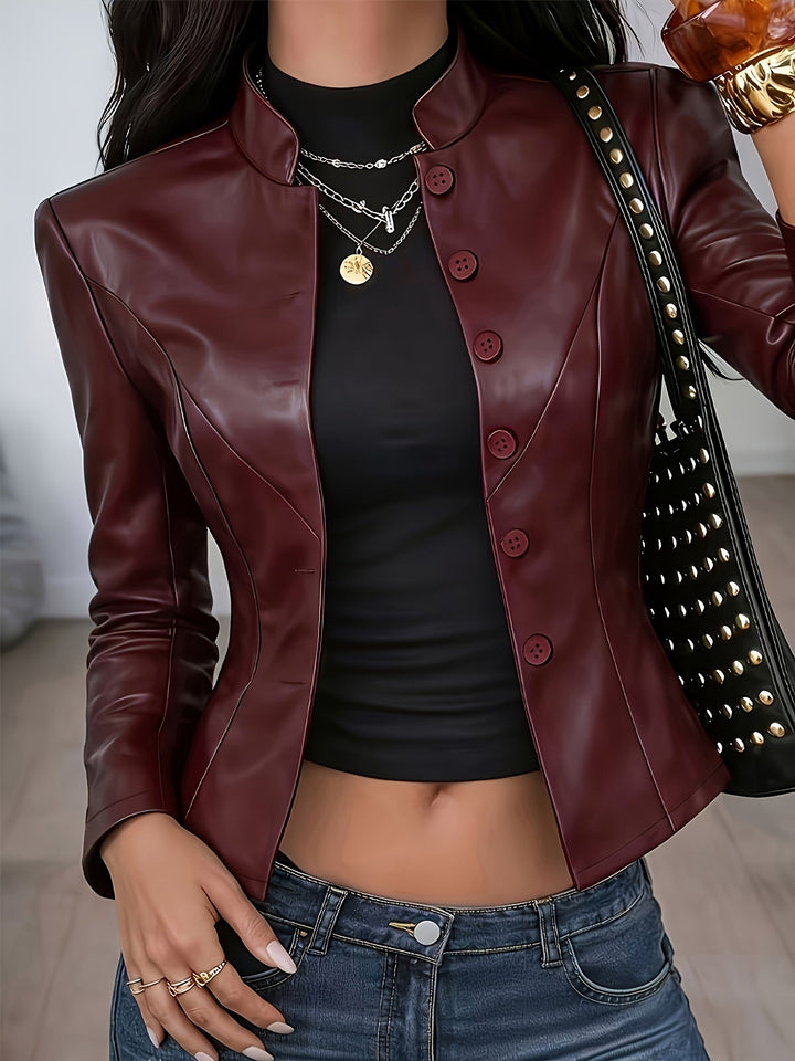 Women's Slim-Fit Stand-Collar Faux-Leather Short Jacket