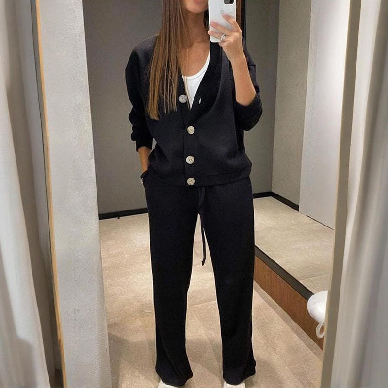 Casual Knit Cardigan With Pocket & Drawstring Lounge Pants