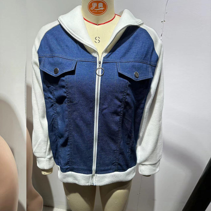 Women's Denim Patchwork Zip-Up Jacket