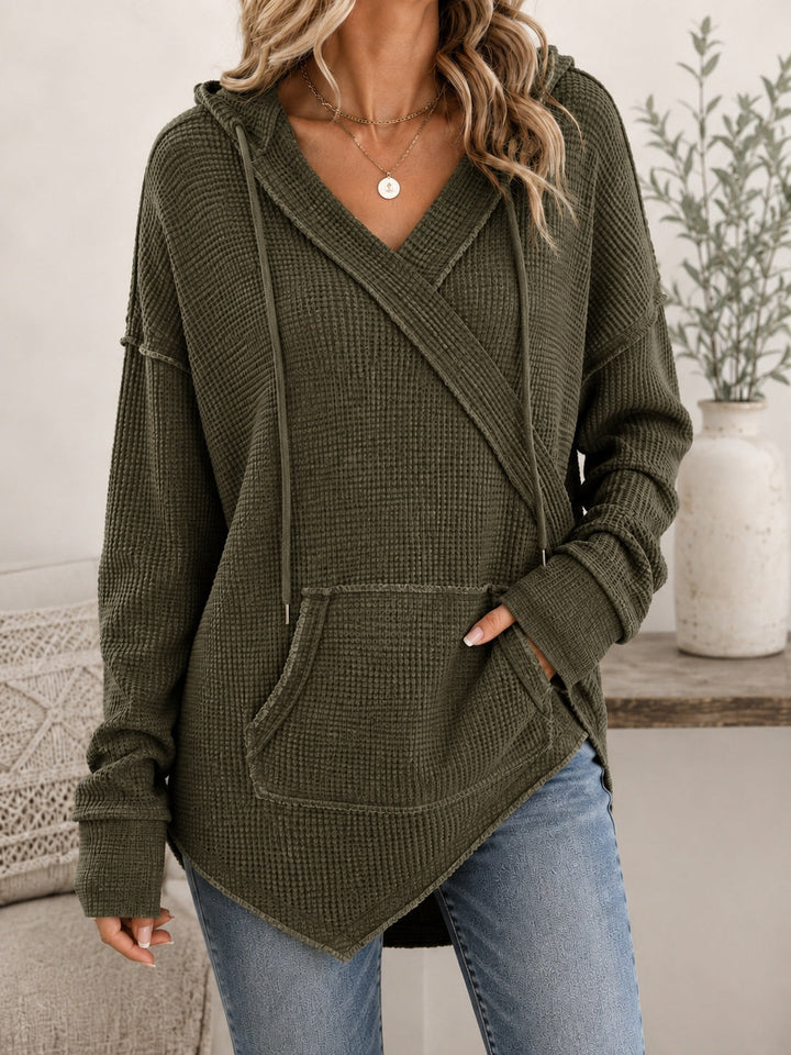 Women's Crossover-Neck Knit Hoodie with Pouch Pocket