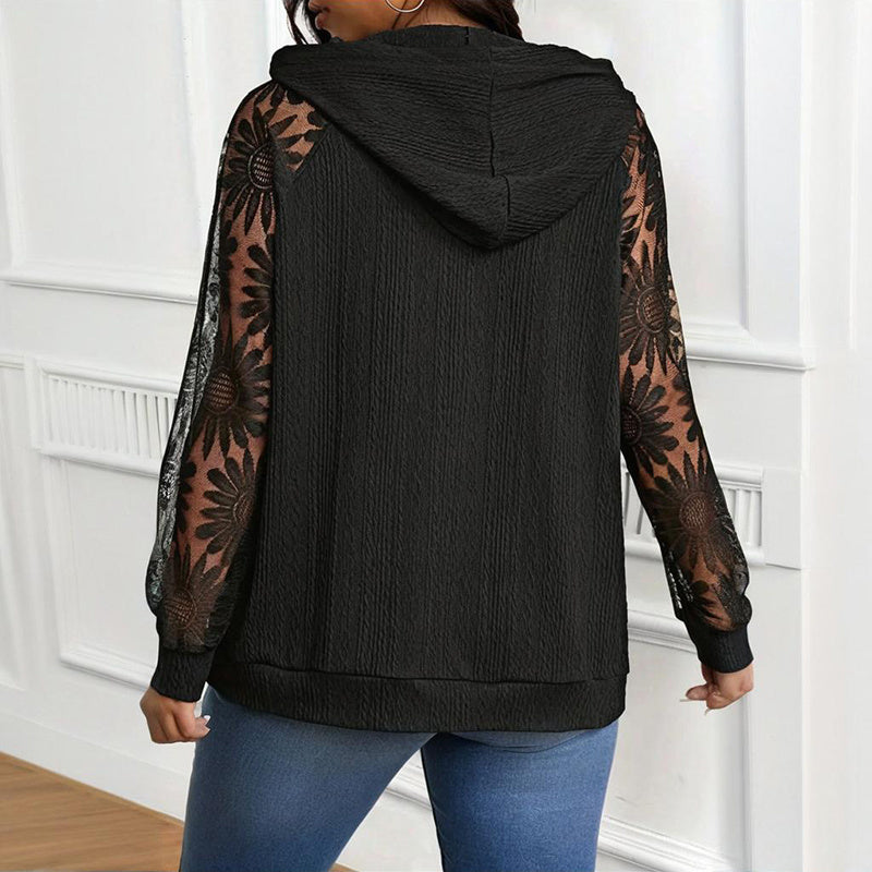 Women’s Plus Size Hoodie – Lace Long Sleeve Pullover Top