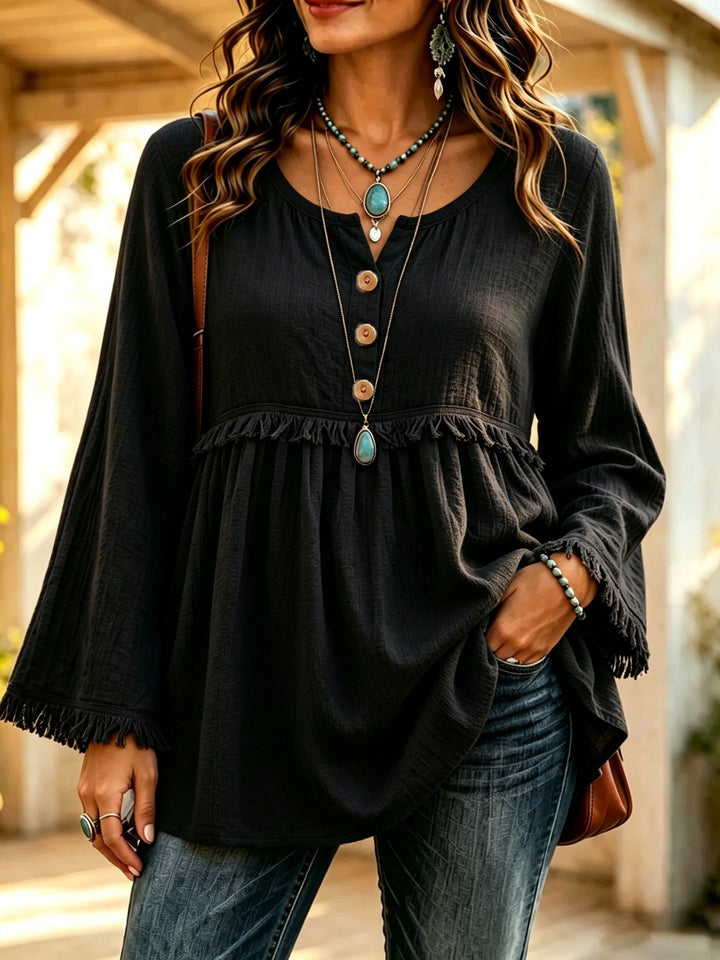 Women's Bohemian Relaxed-Fit Long-Sleeve Tassel Top