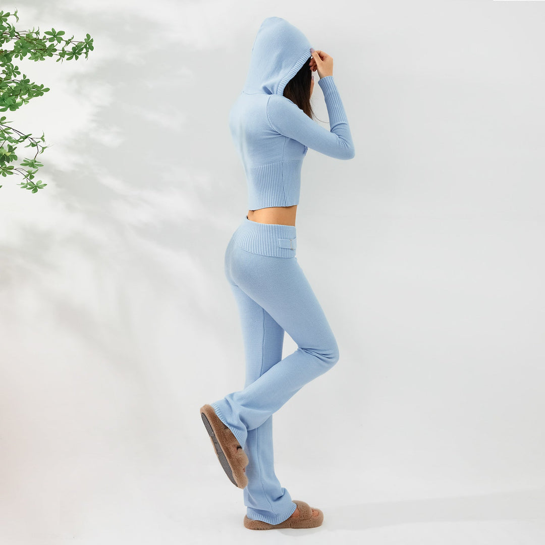 Women’s Knitted Hooded Two-Piece Set – Cardigan & High-Waisted Pants Suit