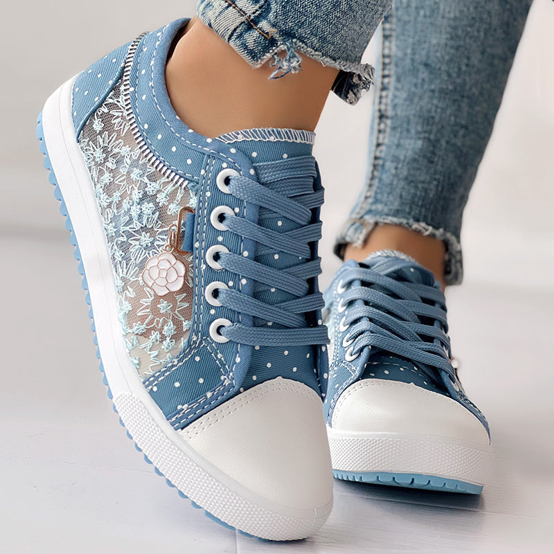 Floral Embroidered Polka Dot Print Sneakers — Women’s Casual Canvas Shoes