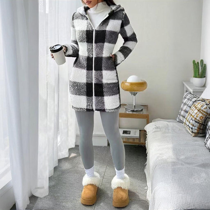 Plaid Hooded Sherpa-Lined Long Coat with Pockets