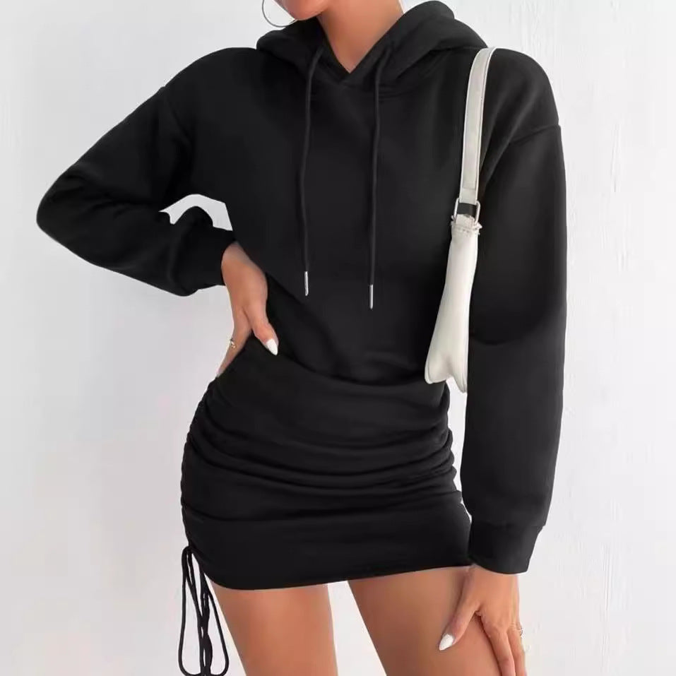 Women's Hooded Ruched Drawstring Mini Dress