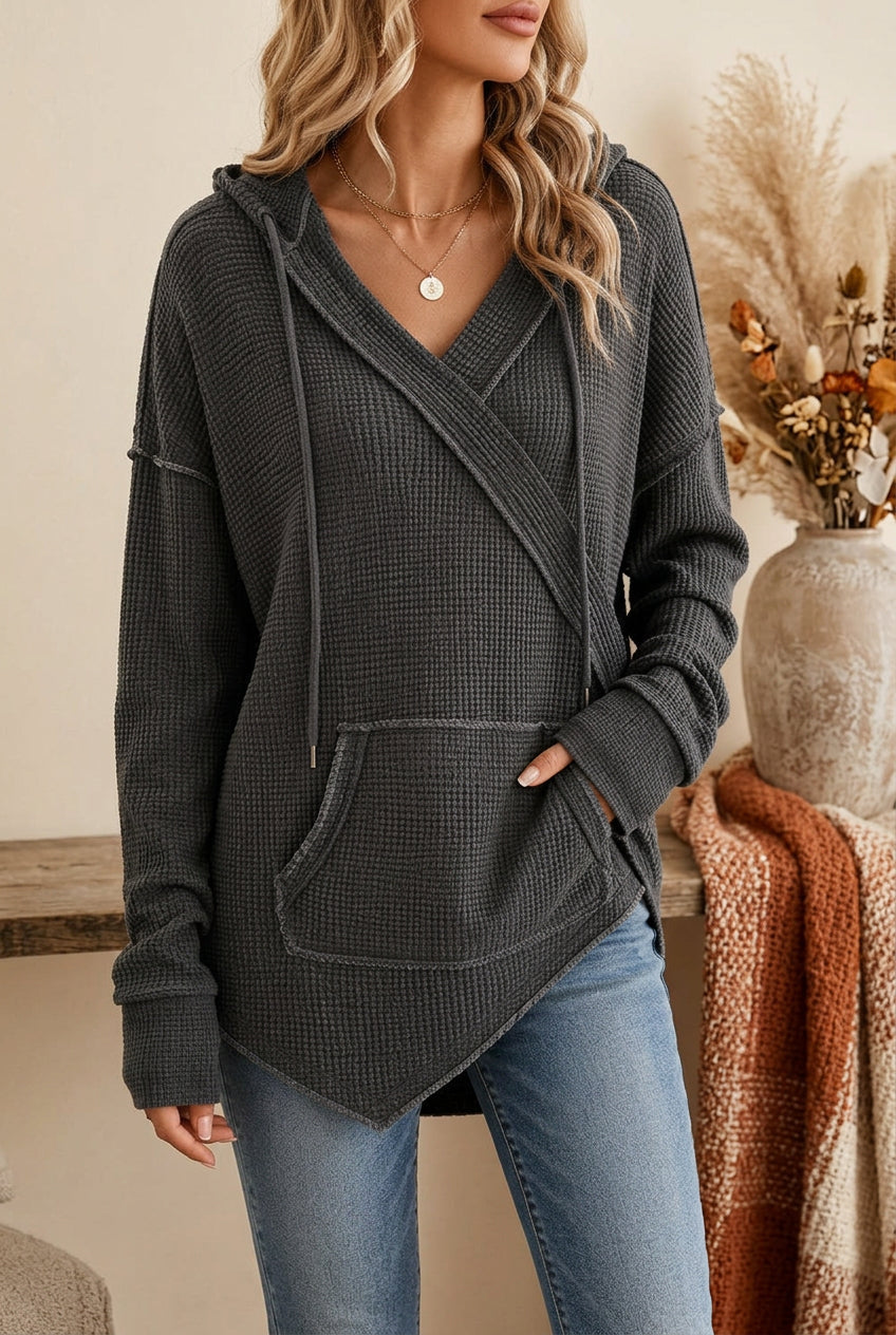Women's Crossover-Neck Knit Hoodie with Pouch Pocket