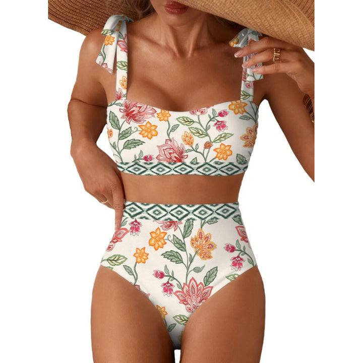 Tie-Shoulder Striped High-Waisted Bikini Set – Two-Piece Swimsuit for Women