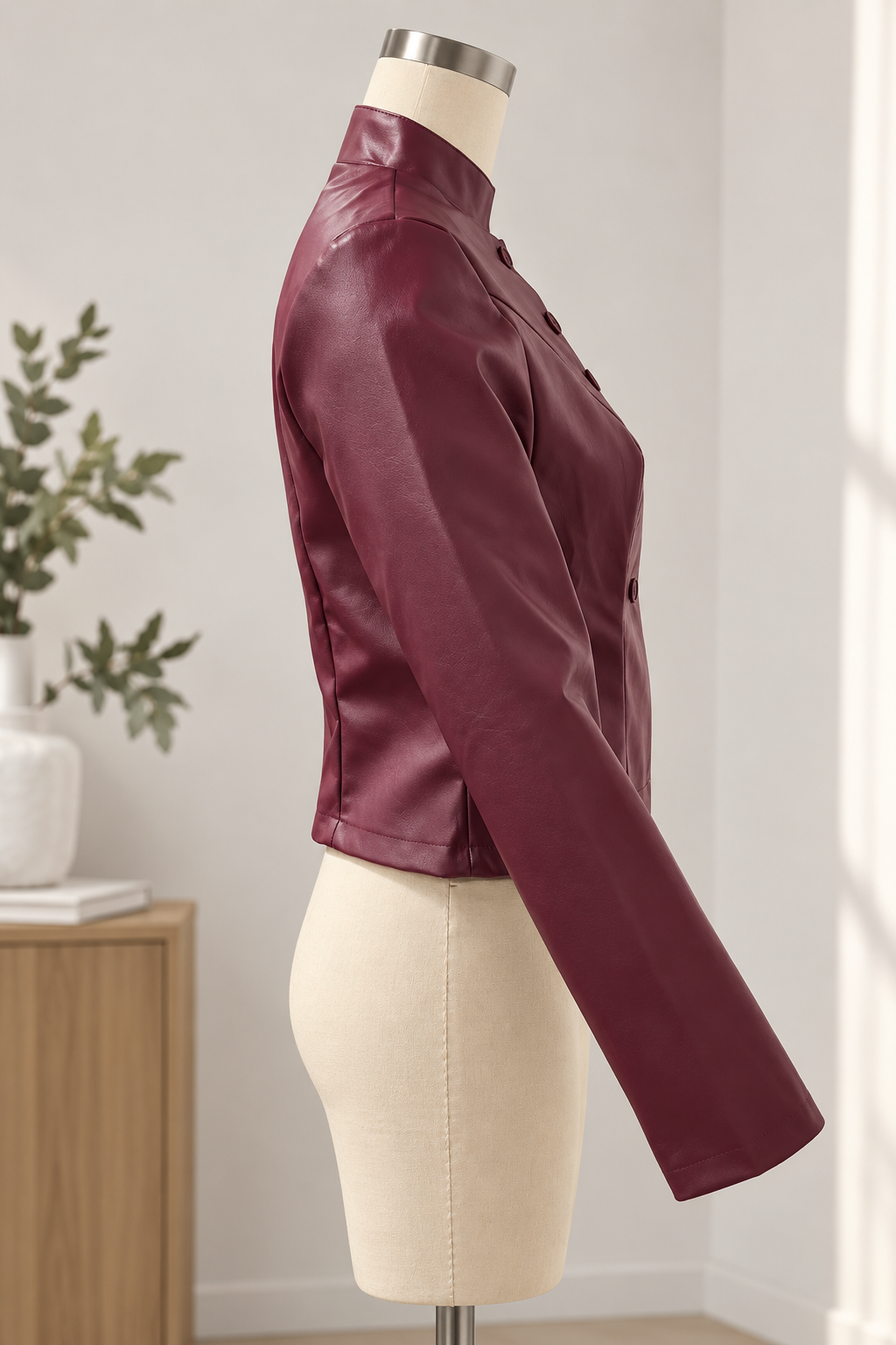 Women's Slim-Fit Stand-Collar Faux-Leather Short Jacket