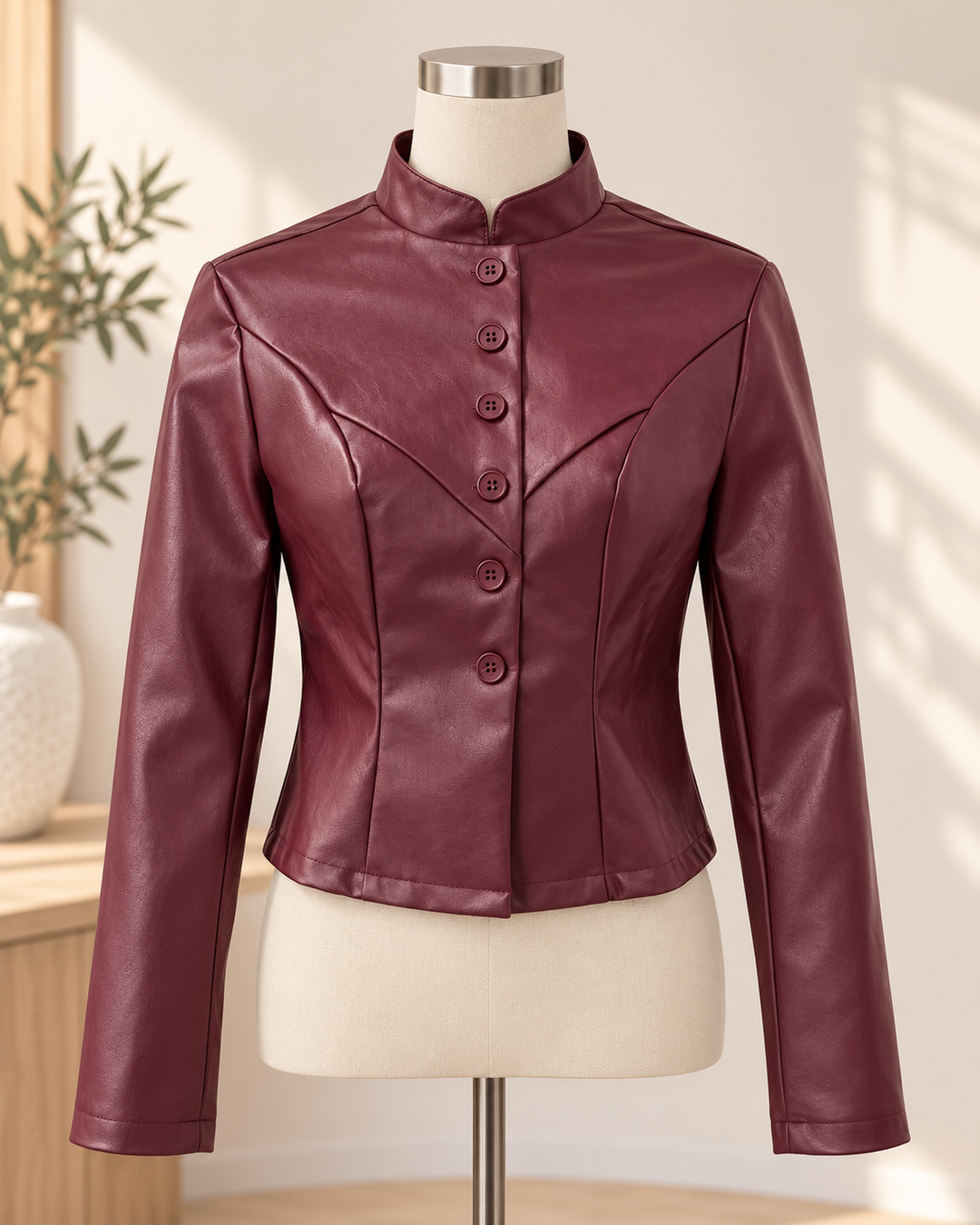 Women's Slim-Fit Stand-Collar Faux-Leather Short Jacket