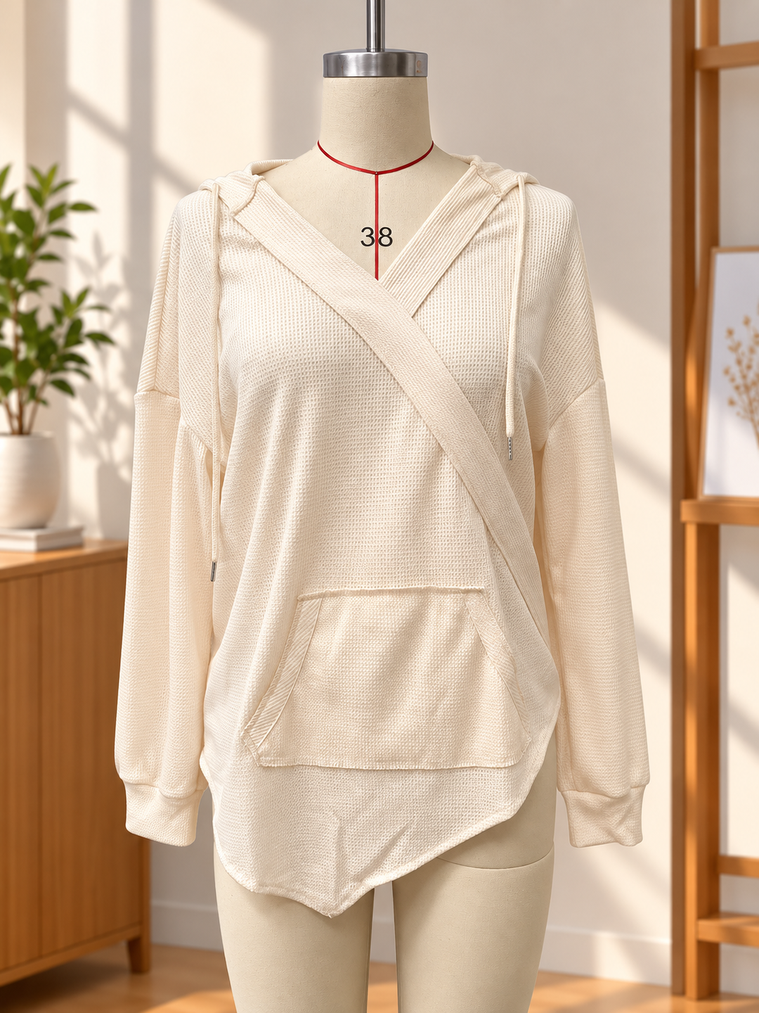 Women's Crossover-Neck Knit Hoodie with Pouch Pocket