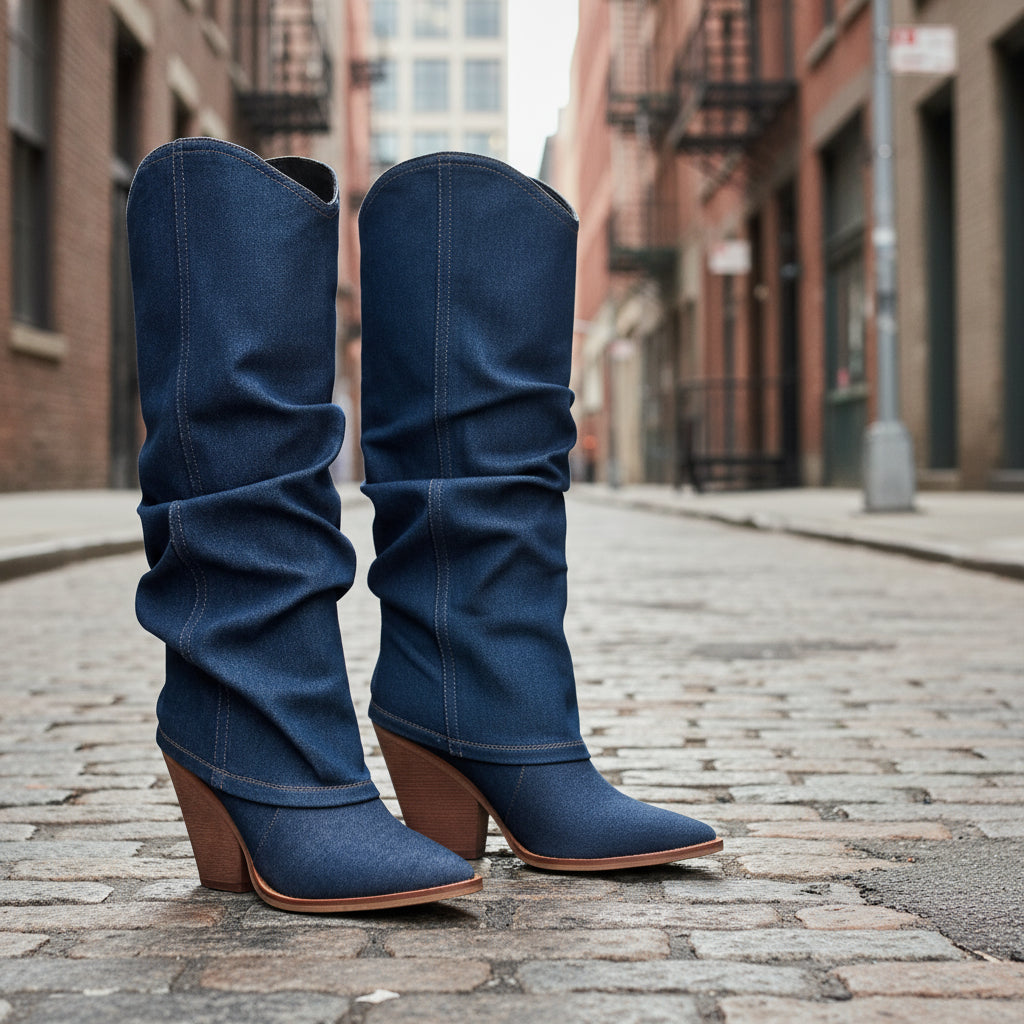 Vintage Pointed-Toe Chunky Heel High Tube Boots — Statement Heels