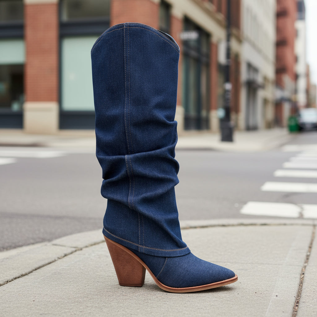 Vintage Pointed-Toe Chunky Heel High Tube Boots — Statement Heels