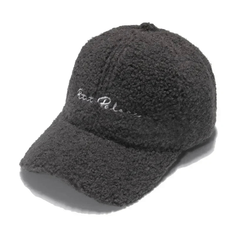 Lamb Wool Baseball Cap — Korean Style Plush Winter Sun Hat for Women