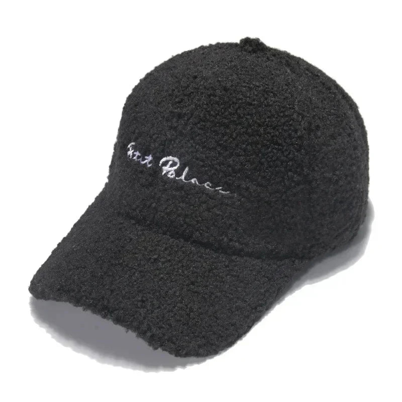 Lamb Wool Baseball Cap — Korean Style Plush Winter Sun Hat for Women