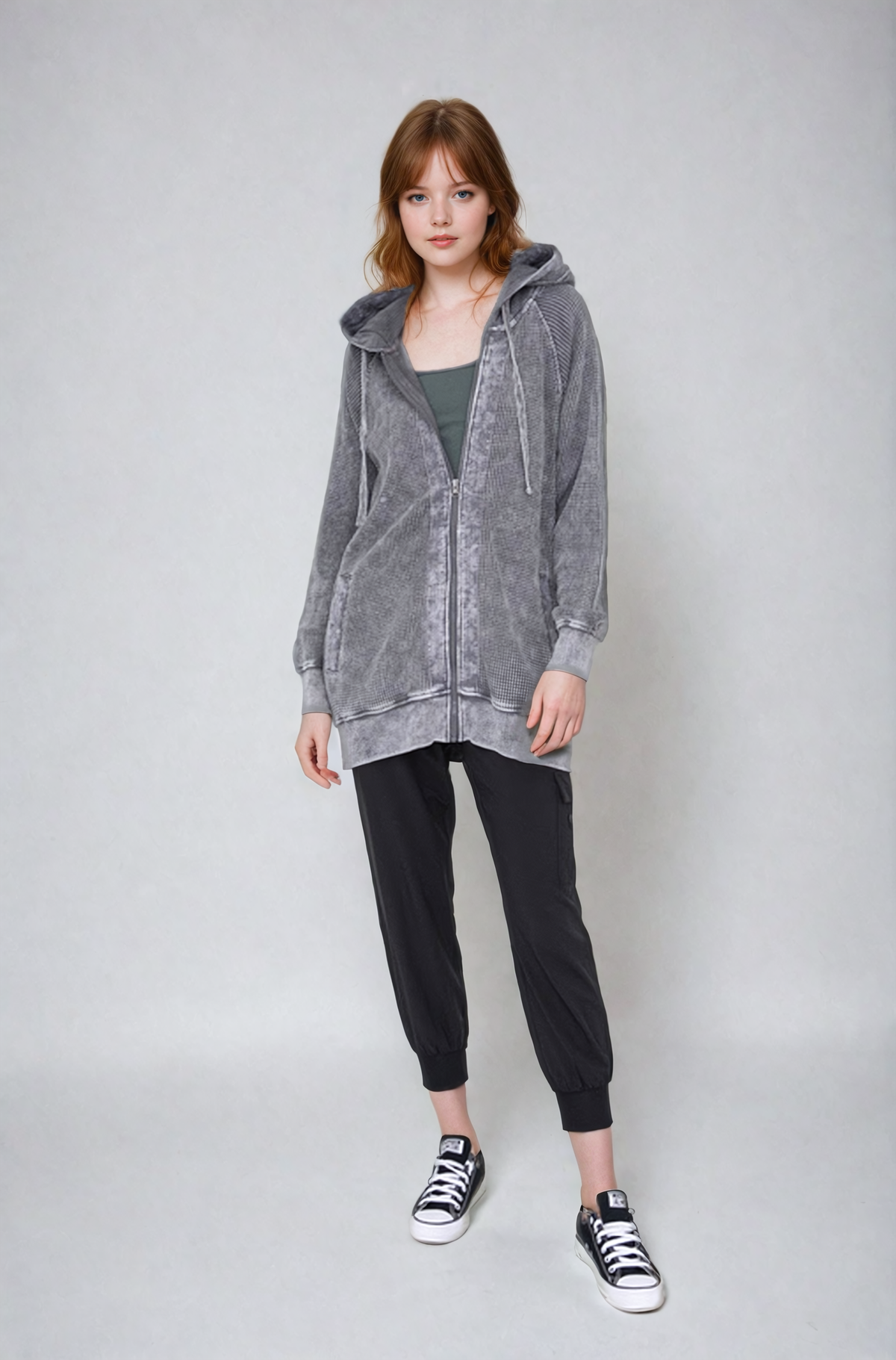 Oversized Waffle Knit Zip-Up Hoodie
