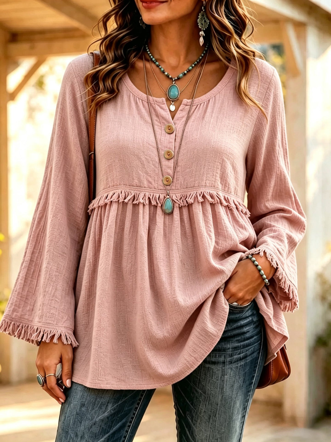 Women's Bohemian Relaxed-Fit Long-Sleeve Tassel Top