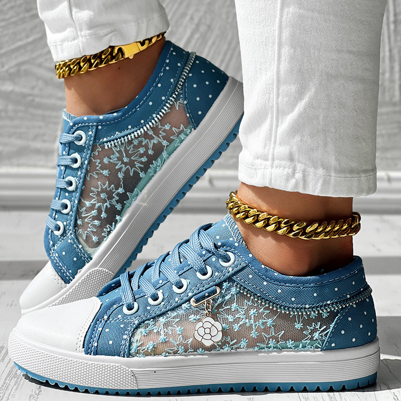 Floral Embroidered Polka Dot Print Sneakers — Women’s Casual Canvas Shoes