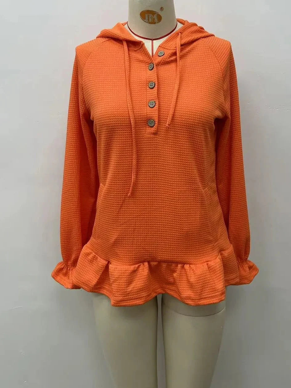 Women's Hooded Button-Neck Ruffle-Hem Mini Dress