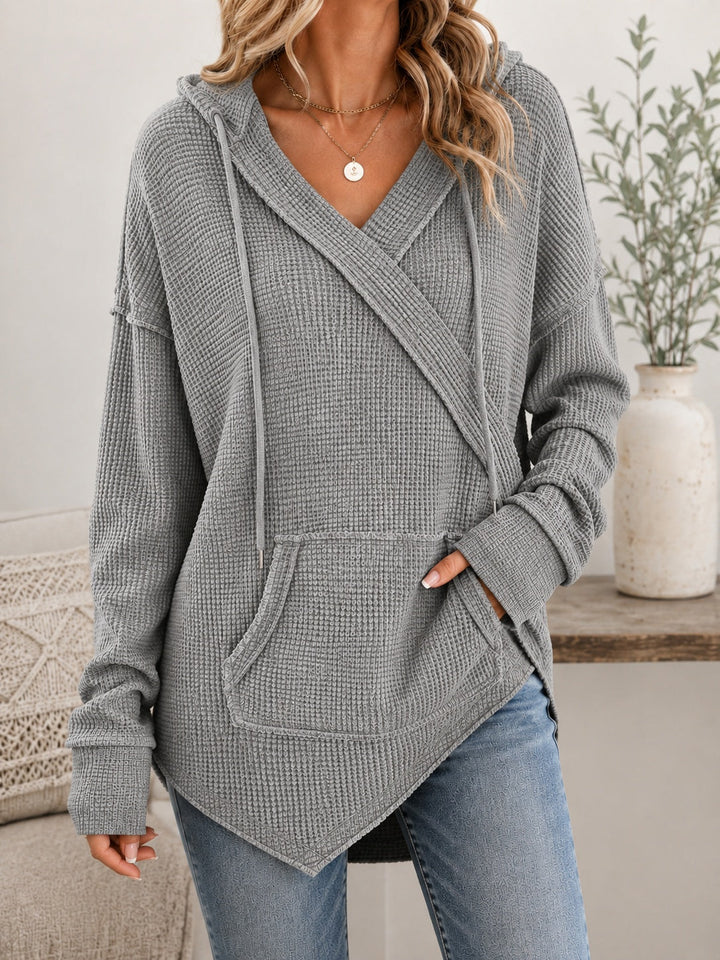 Women's Crossover-Neck Knit Hoodie with Pouch Pocket
