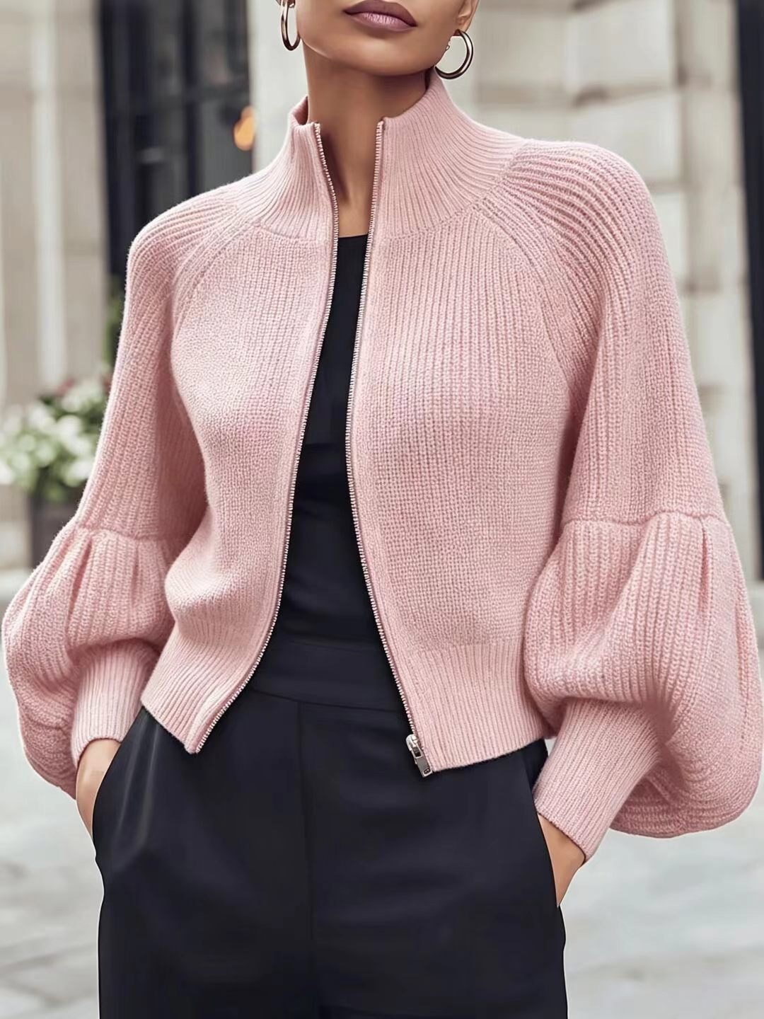 Women's Textured Open-Front Lantern-Sleeve Cardigan