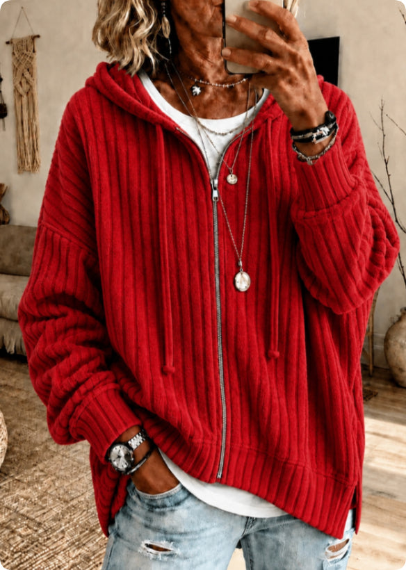 Women's Textured Zip-Front Drawstring Hoodie