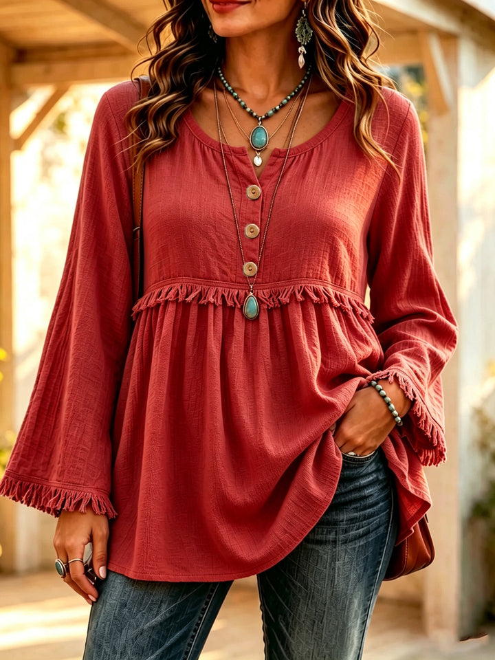 Women's Bohemian Relaxed-Fit Long-Sleeve Tassel Top