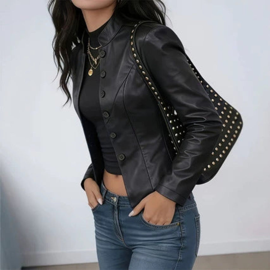 Women's Slim-Fit Stand-Collar Faux-Leather Short Jacket