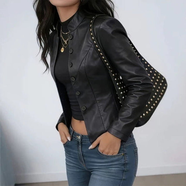 Women's Slim-Fit Stand-Collar Faux-Leather Short Jacket