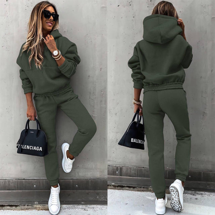 women's two piece solid color hooded sweatshirt set