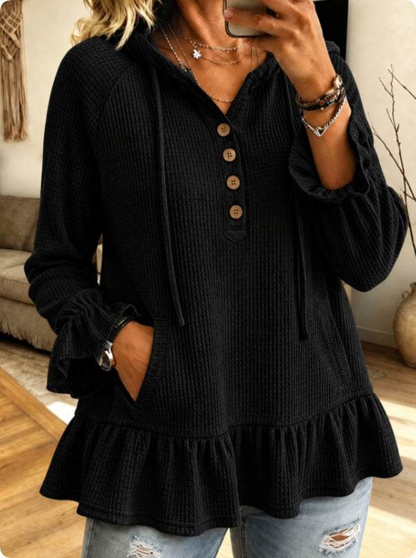 Women's Hooded Button-Neck Ruffle-Hem Mini Dress