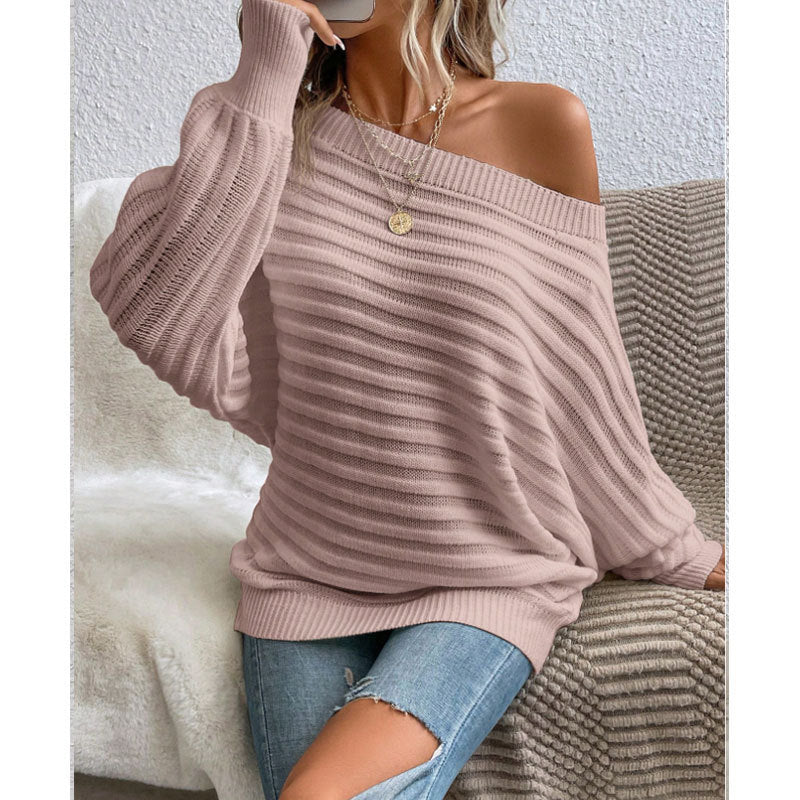 Off-Shoulder Batwing Sweater – Loose Knit Pull-Over for Fall