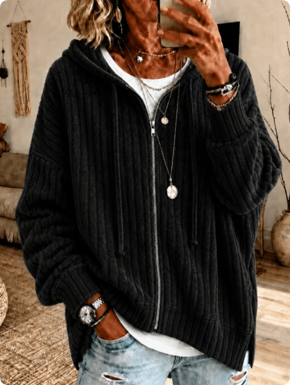 Women's Textured Zip-Front Drawstring Hoodie