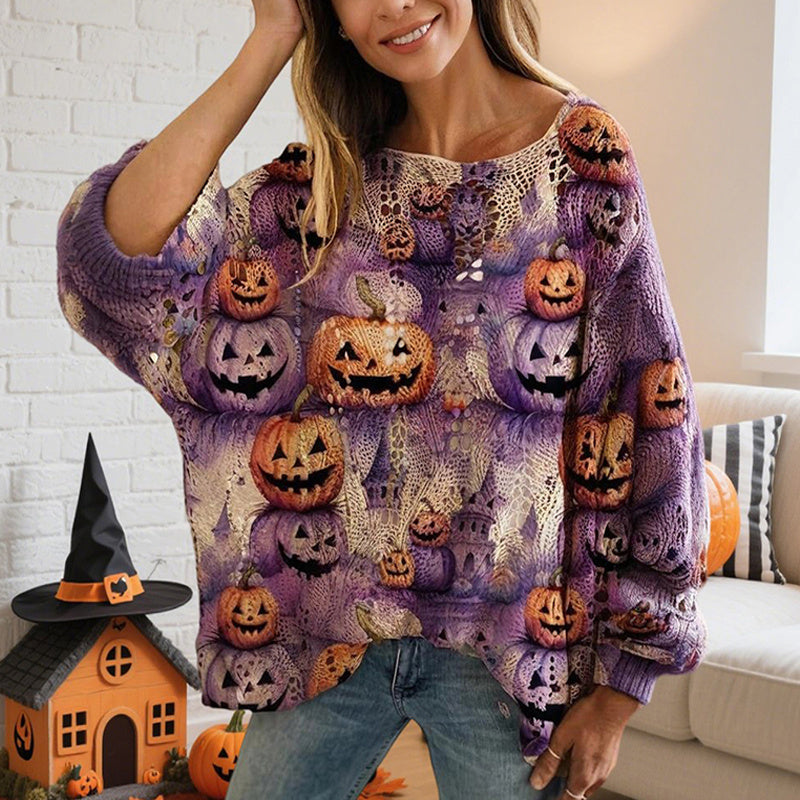 Women’s Hollow Out Batwing Top – Halloween Pumpkin Print Blouse