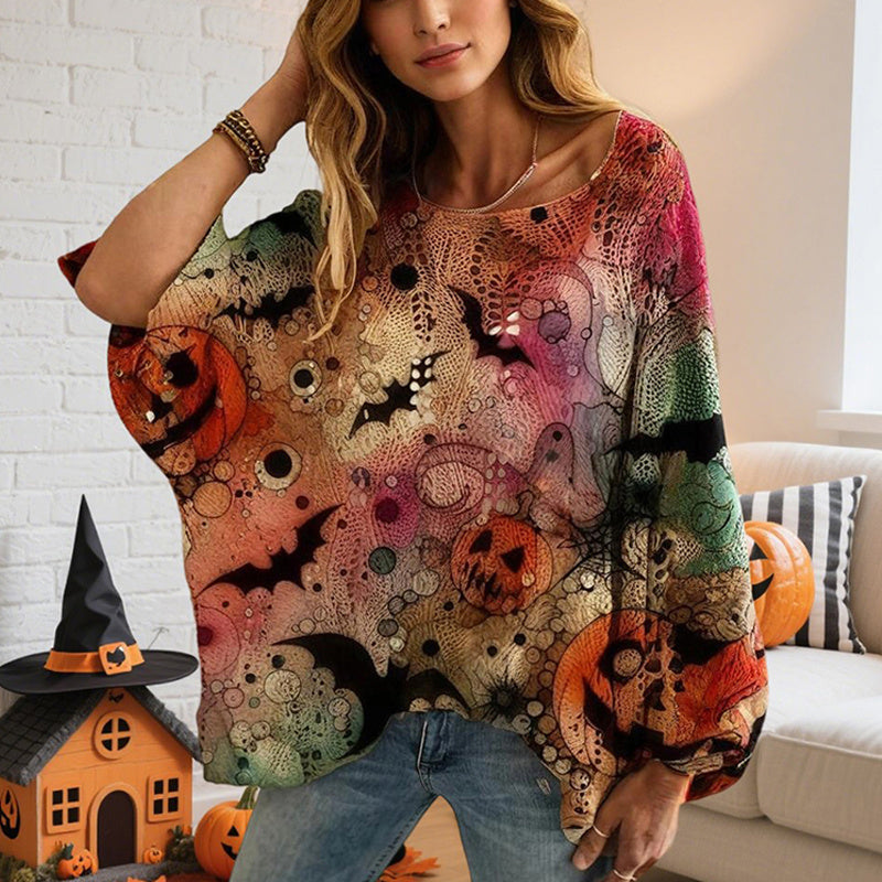 Women’s Hollow Out Batwing Top – Halloween Pumpkin Print Blouse