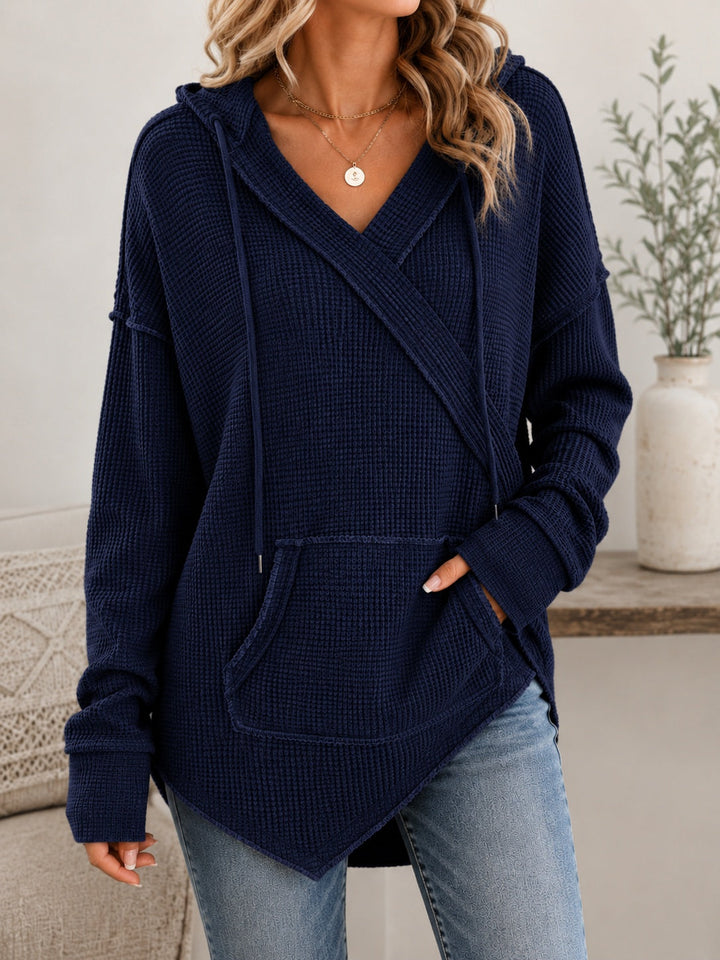 Women's Crossover-Neck Knit Hoodie with Pouch Pocket