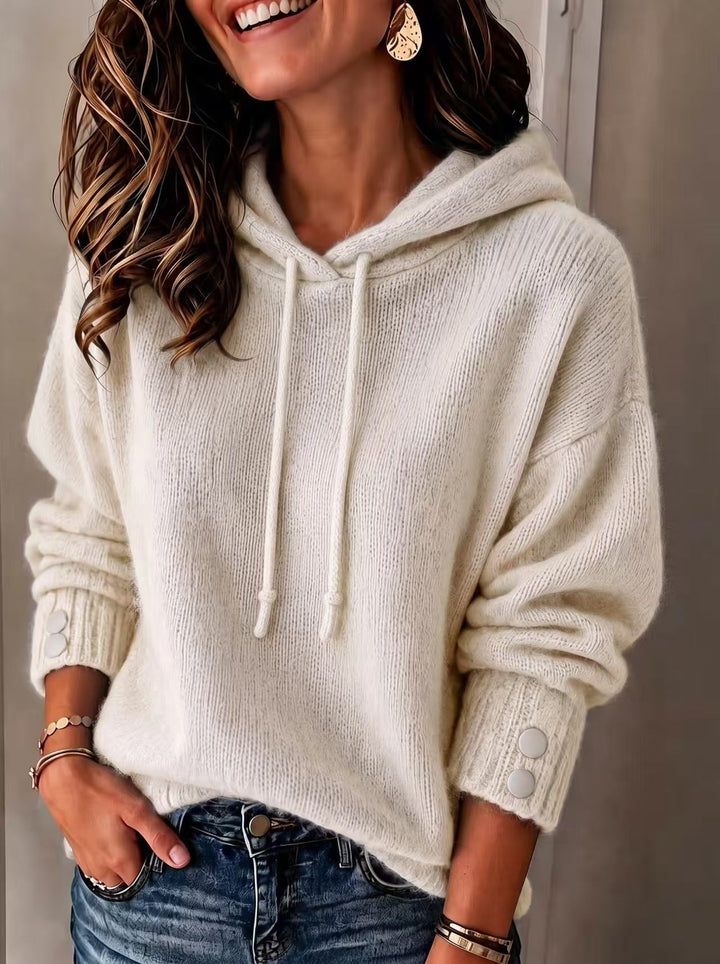 Women's Loose-Fit Drawstring Knit Hoodie with Button Cuffs