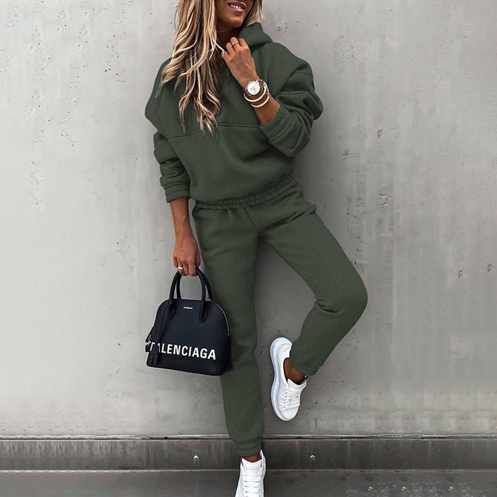 women's two piece solid color hooded sweatshirt set