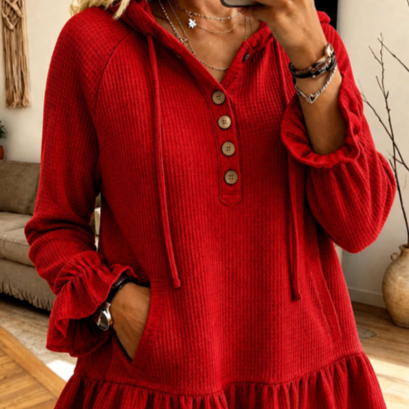 Women's Hooded Button-Neck Ruffle-Hem Mini Dress