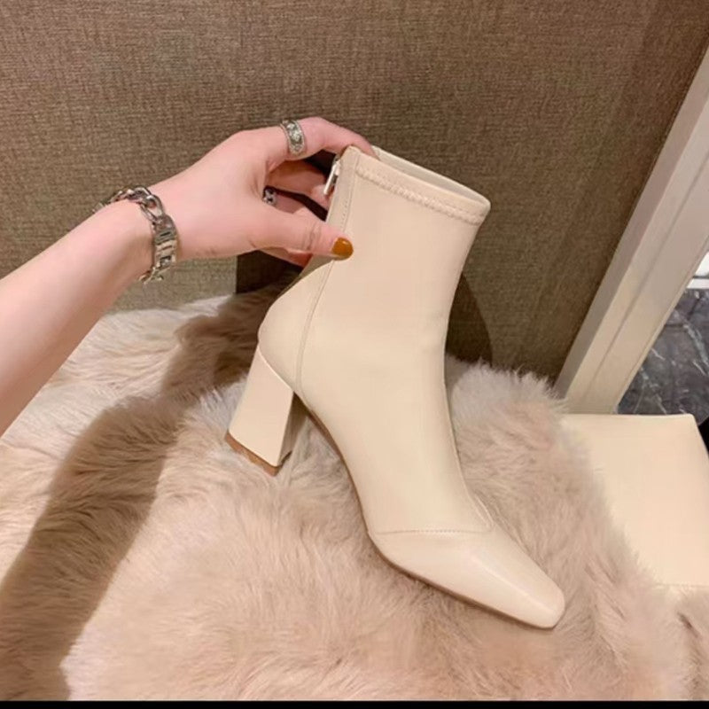 Soft Leather Zip-Back Velvet-Lined Skinny Boots — Sleek Heels